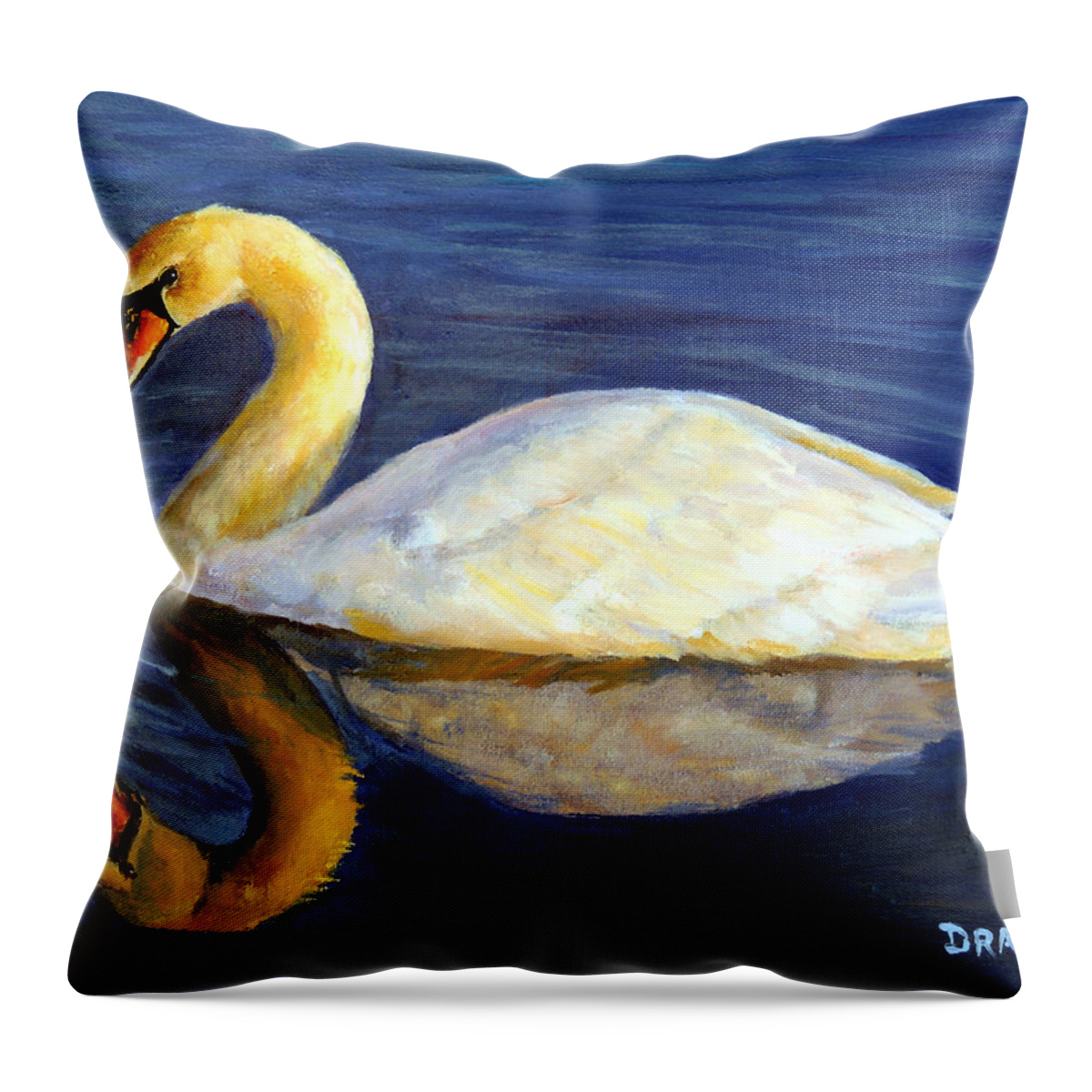 Swan Throw Pillow featuring the painting Swan Swimming at Sunset by Dottie Dracos