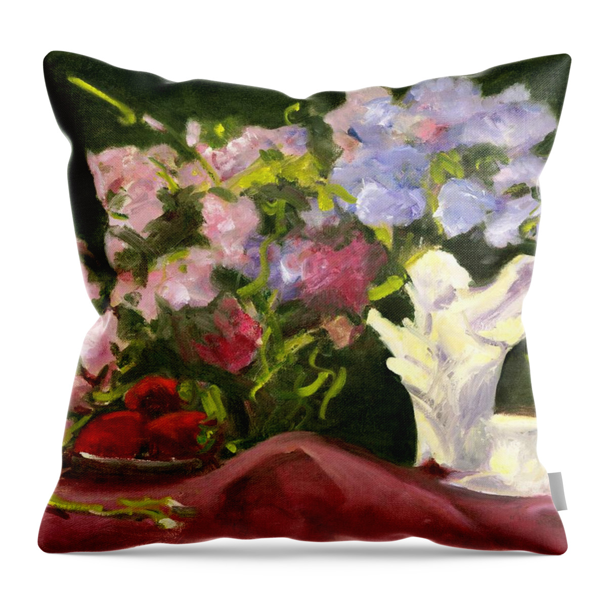 Fairy Throw Pillow featuring the painting Sweetpeas and Strawberries by Maria Hunt
