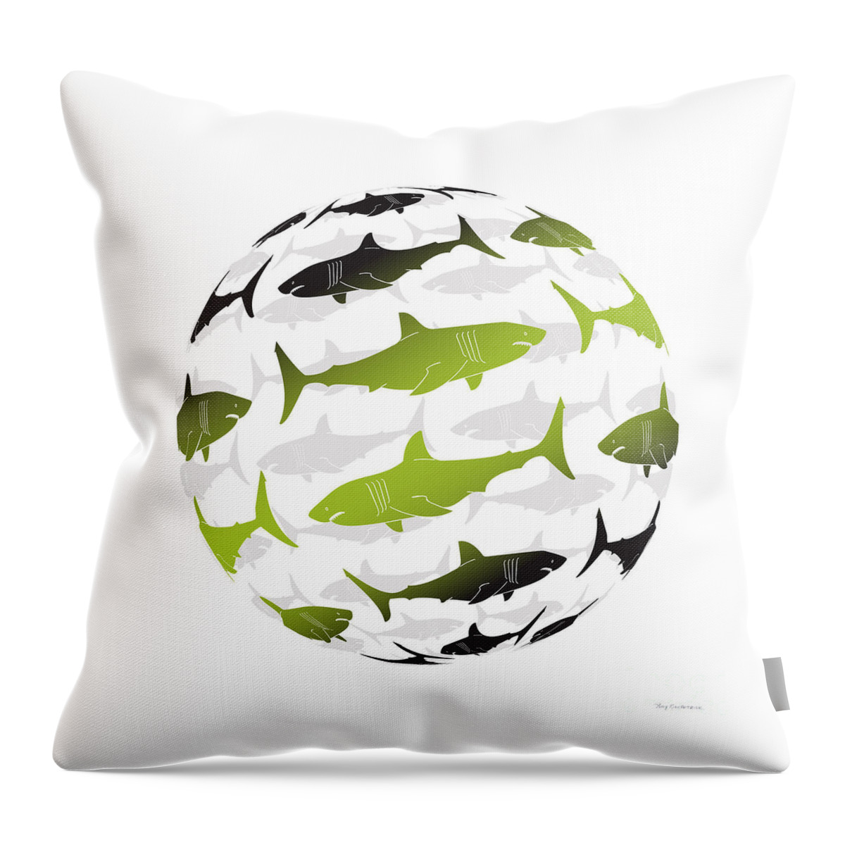 Shark Throw Pillow featuring the painting Swimming Green Sharks Around the Globe by Amy Kirkpatrick