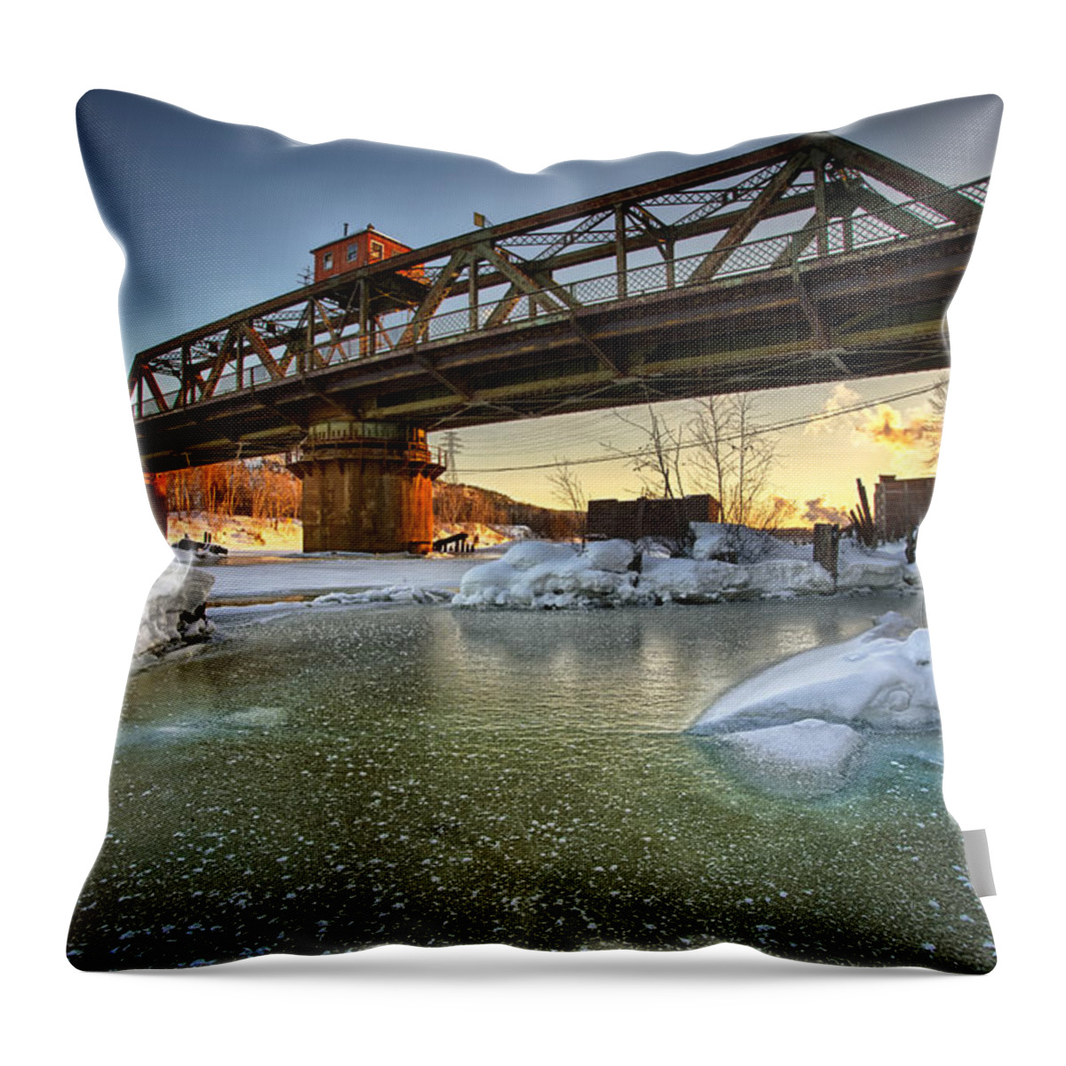 Architecture Throw Pillow featuring the photograph Swing Bridge Frozen River by Jakub Sisak