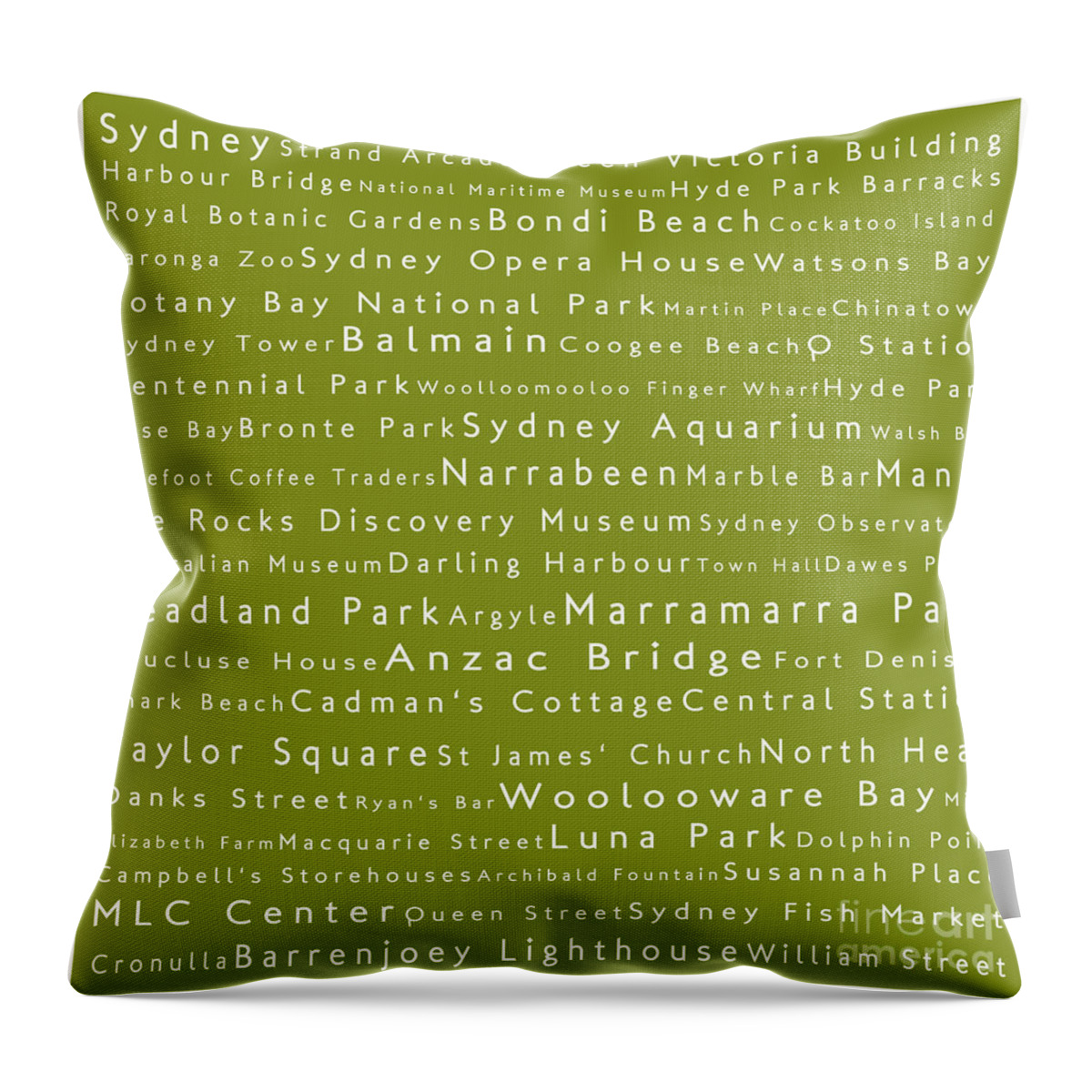 City Throw Pillow featuring the digital art Sydney in Words Olive by Sabine Jacobs
