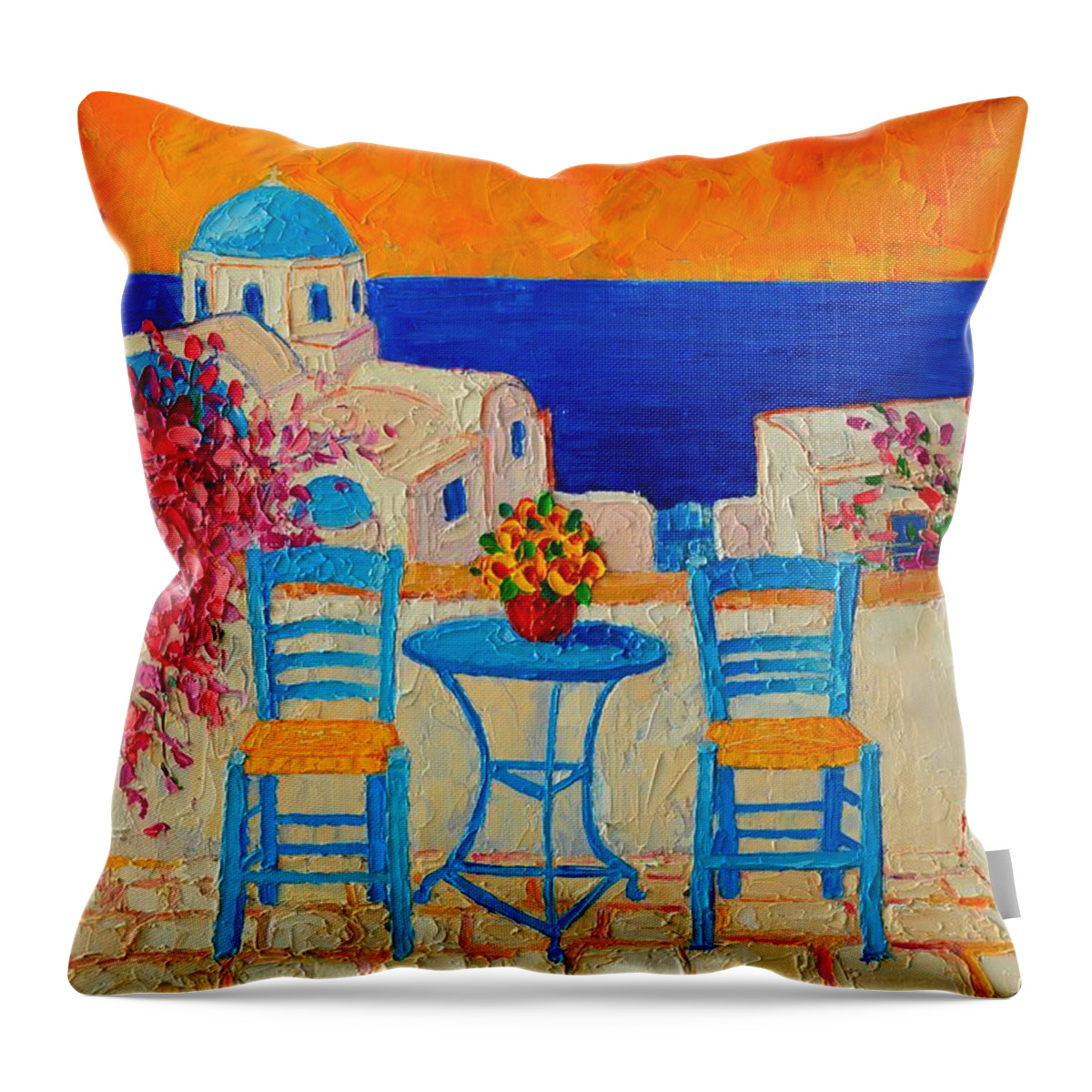 Greece Throw Pillow featuring the painting Table For Two In Santorini Greece by Ana Maria Edulescu
