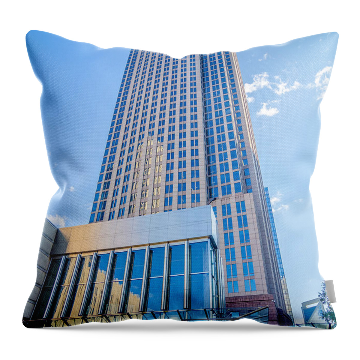 America Throw Pillow featuring the photograph Tall Highrise Buildings In Uptown Charlotte Near Blumental Perfo by Alex Grichenko