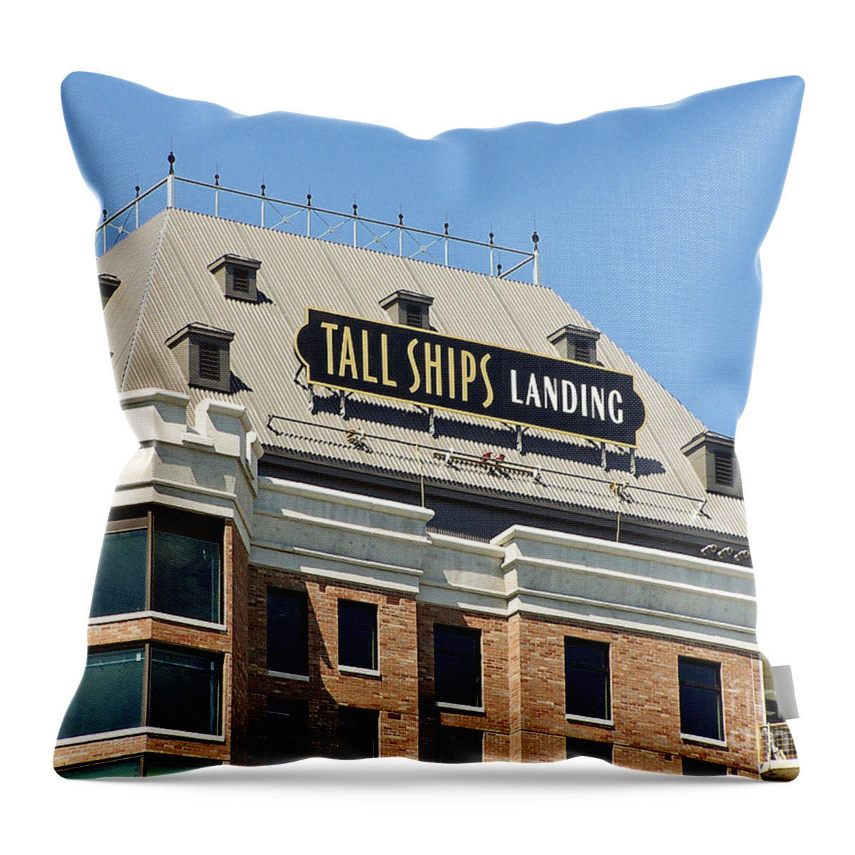 Tall Ships Sign Throw Pillow featuring the photograph Tall Ships Sign 2 by Tom Doud