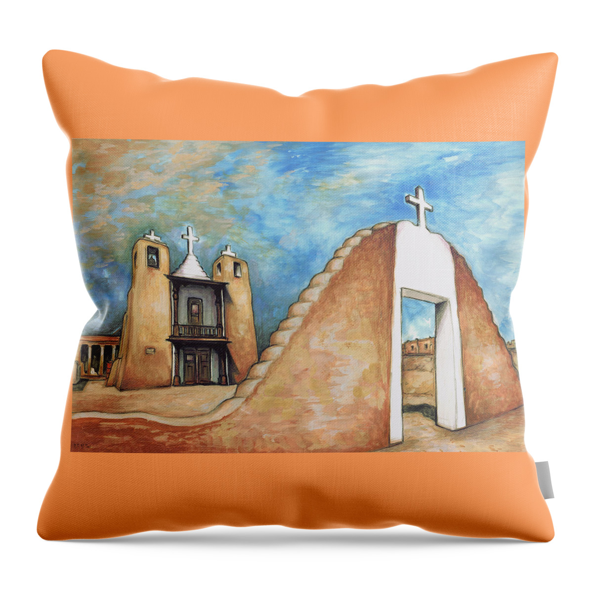 Taos+pueblo Throw Pillow featuring the painting Taos Pueblo New Mexico - Watercolor Art Painting by Peter Potter