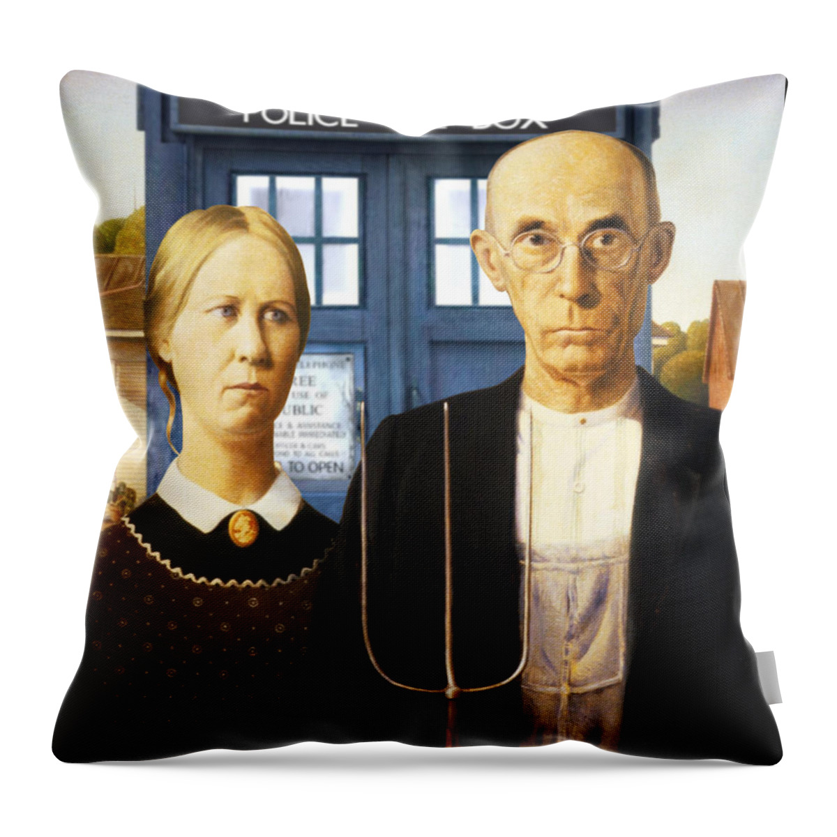 American Gothic Throw Pillow featuring the painting TARDIS v Grant Wood by GP Abrajano