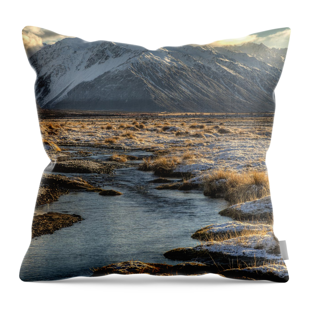 Feb0514 Throw Pillow featuring the photograph Tasman River And Mt Cook At Dawn by Colin Monteath