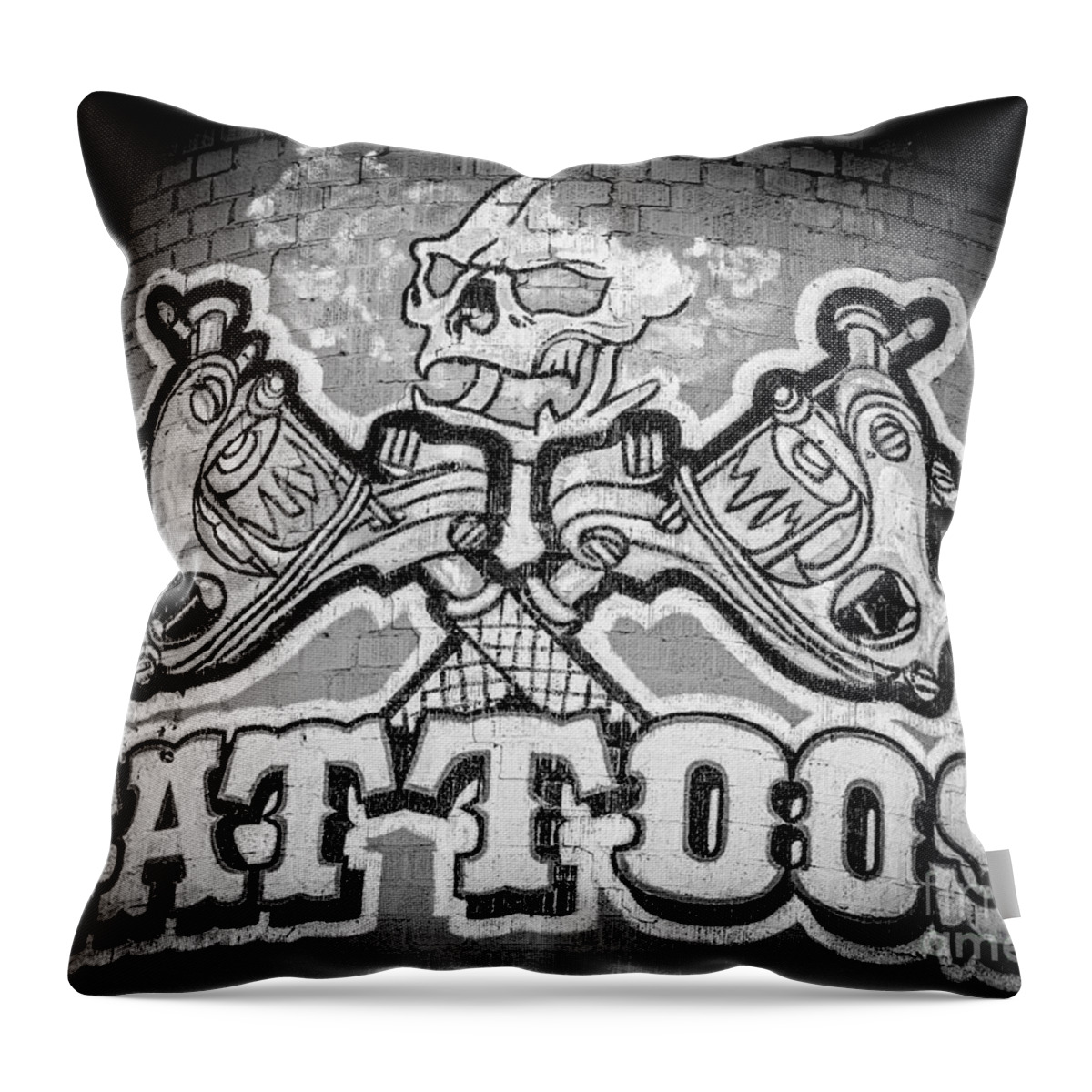 Tattoo Ad Throw Pillow featuring the photograph Tattoo Parlor Sign in Rough Neighborhood by Gary Whitton