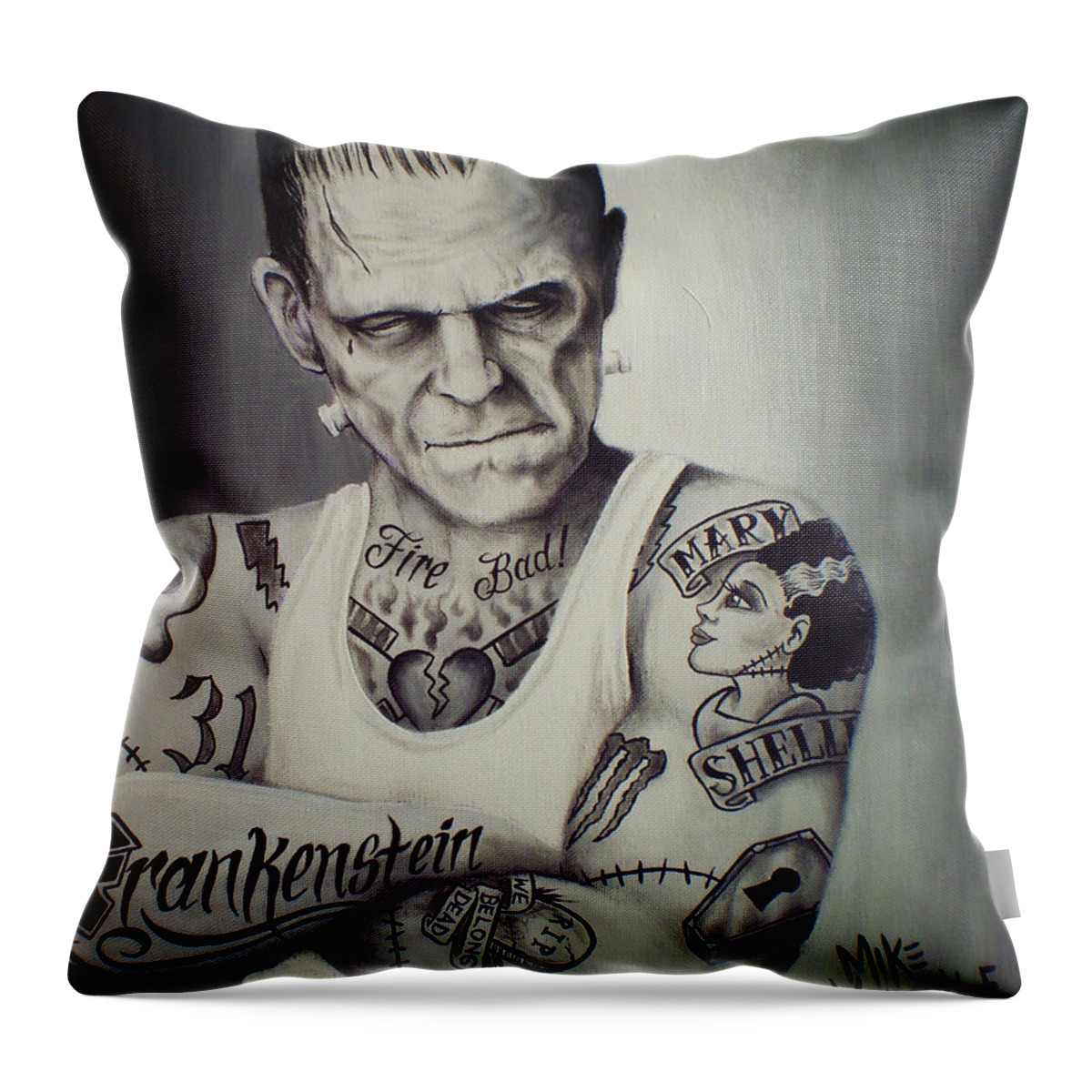 Frankenstein Tattoo Throw Pillow featuring the painting Tattooed Frankenstein by Mike Vanderhoof by Mike Vanderhoof