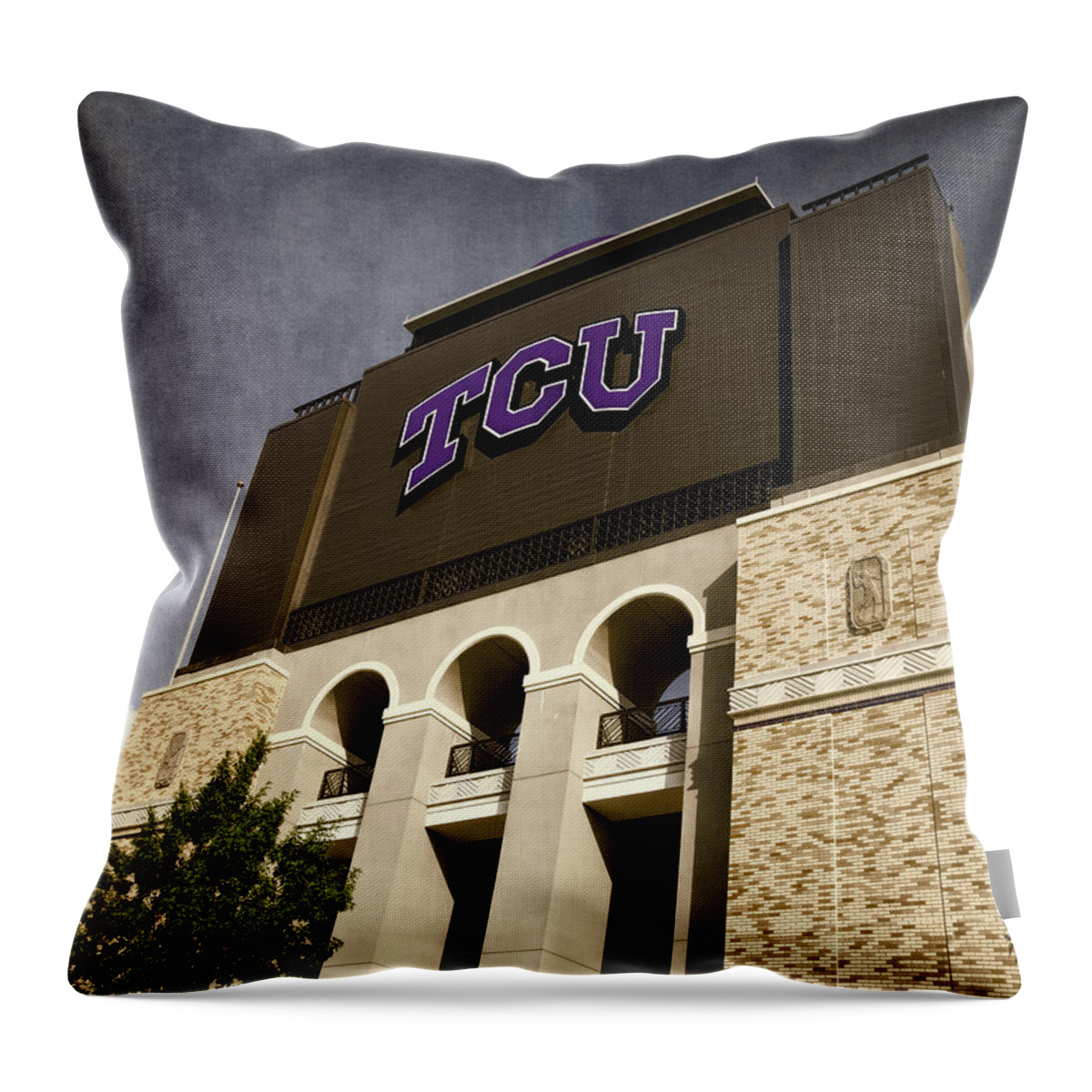 Joan Carroll Throw Pillow featuring the photograph TCU Stadium Entrance by Joan Carroll