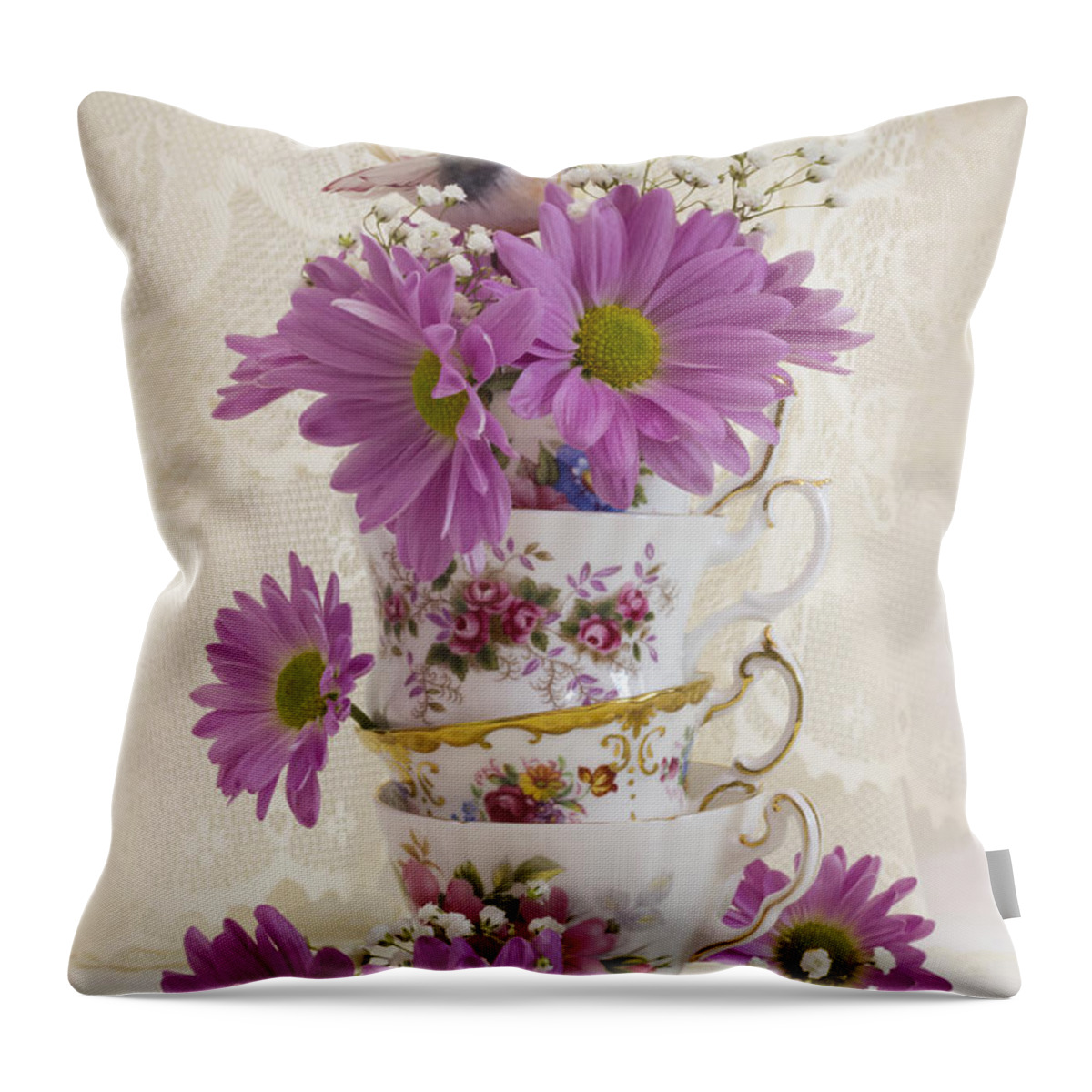 Tea Cups And Daisies Still Life Throw Pillow featuring the photograph Tea Cups And Daisies by Sandra Foster