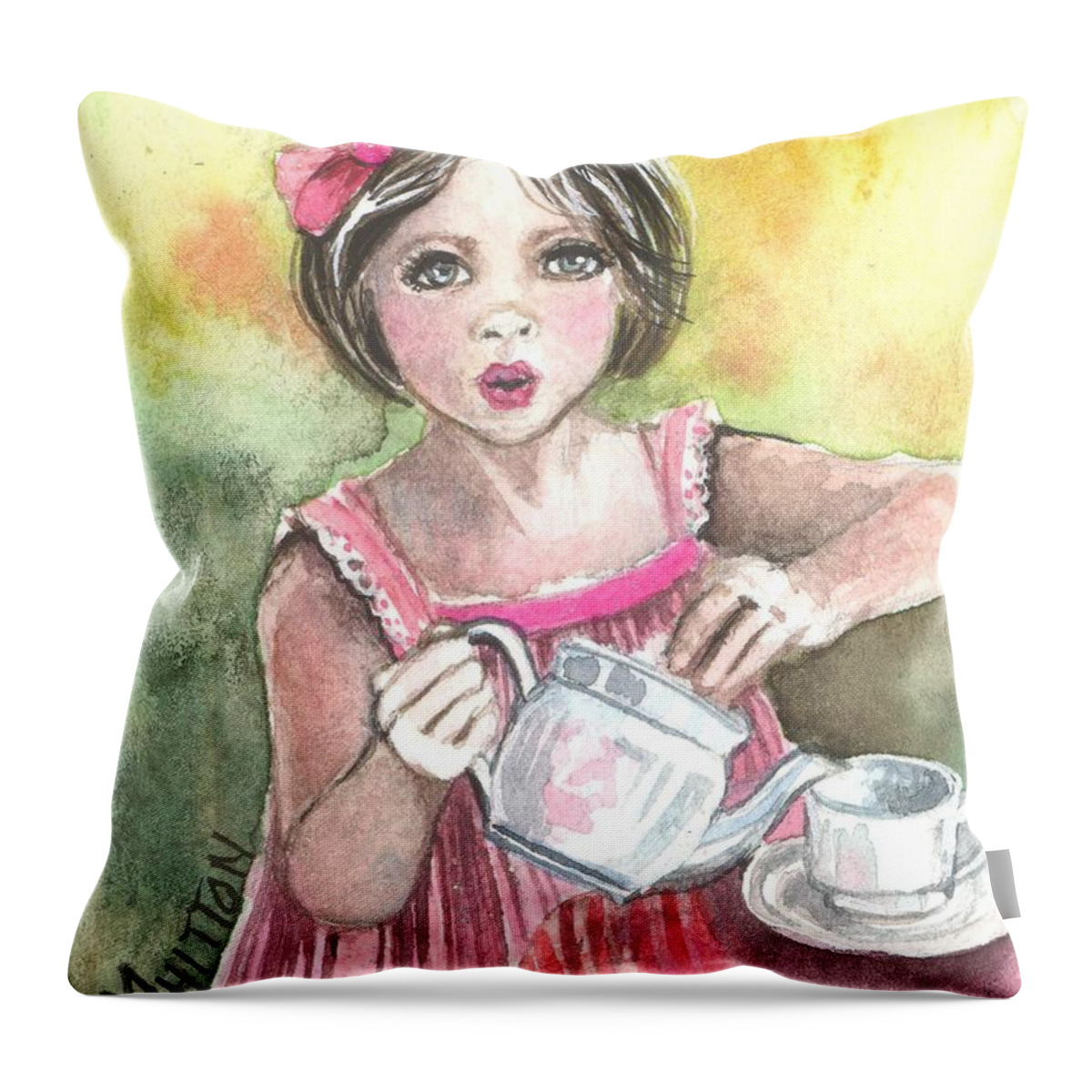 Child Throw Pillow featuring the painting Tea Granny by Kim Whitton