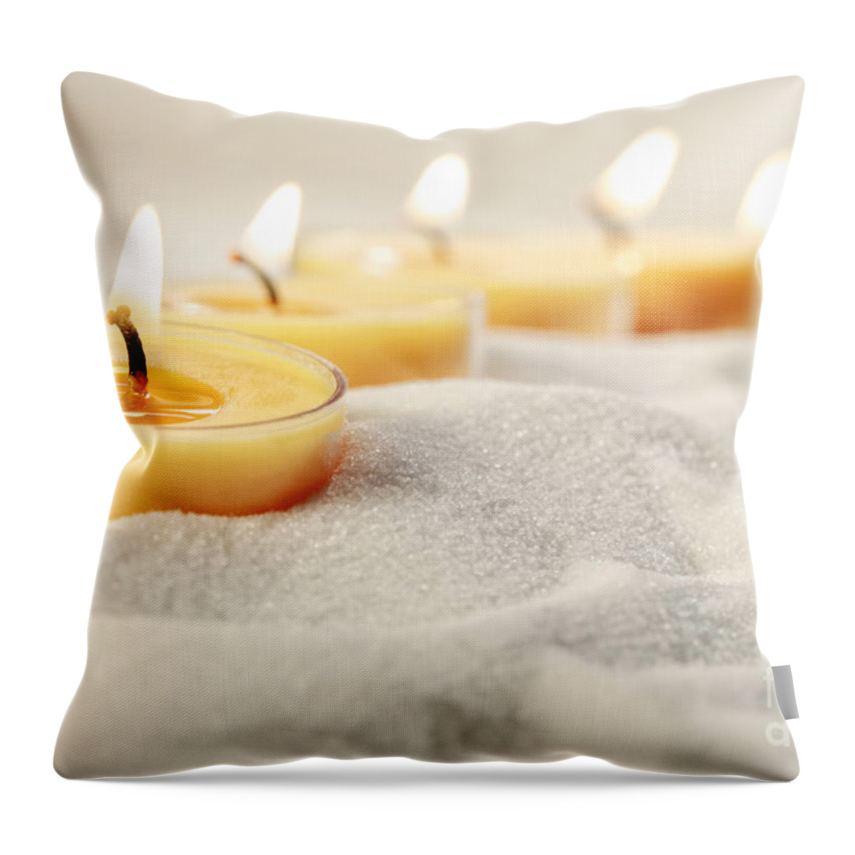 Wax Throw Pillow featuring the photograph Tea light candles in sand by Sandra Cunningham