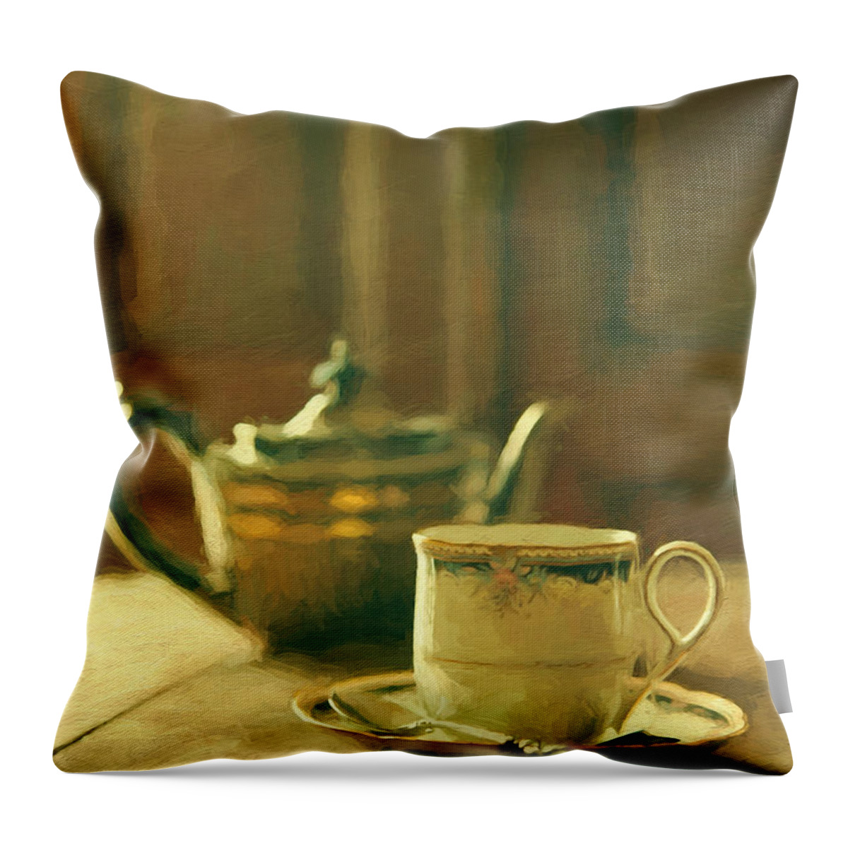 Antiquated Throw Pillow featuring the photograph Tea pot and a cup of tea on old table by Sandra Cunningham