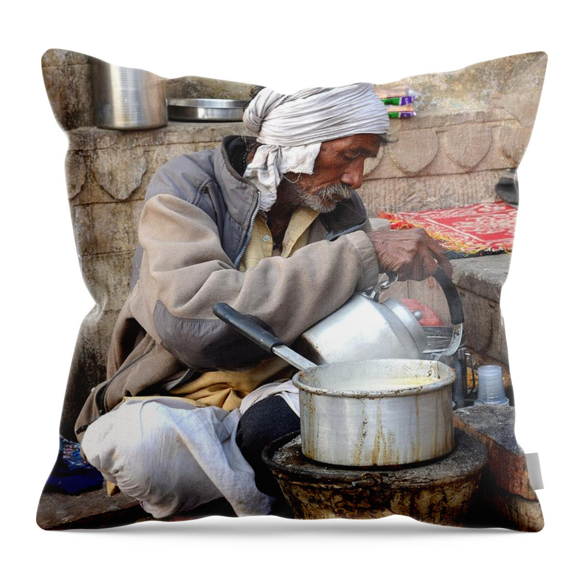Tea Throw Pillow featuring the photograph Tea Stall On the Ghats - Varanasi India by Kim Bemis