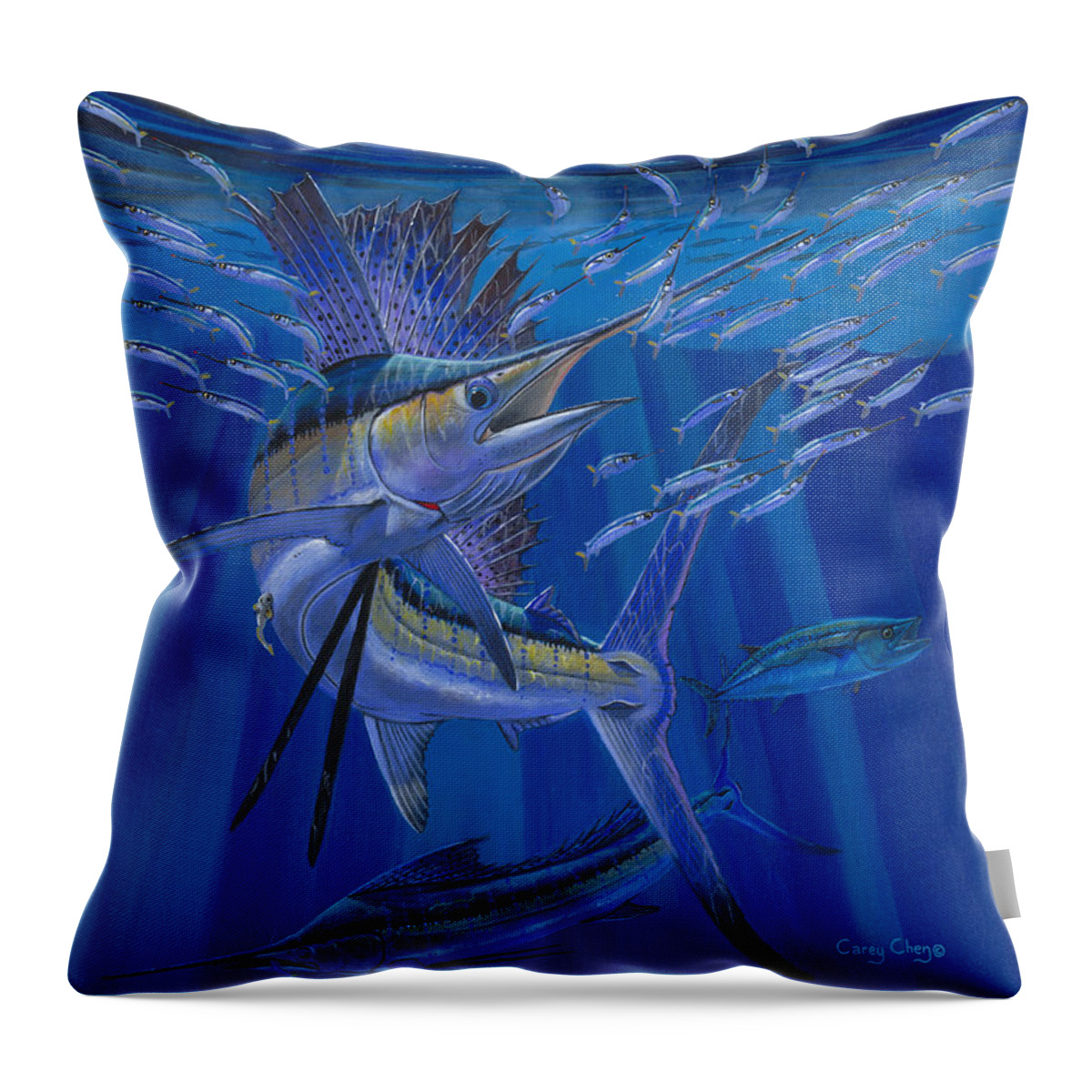 Sailfish Throw Pillow featuring the painting Team Work Off0036 by Carey Chen