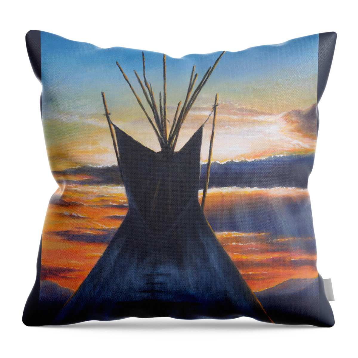 Teepee Throw Pillow featuring the painting Teepee at Sunset Part 1 by Kim Lockman