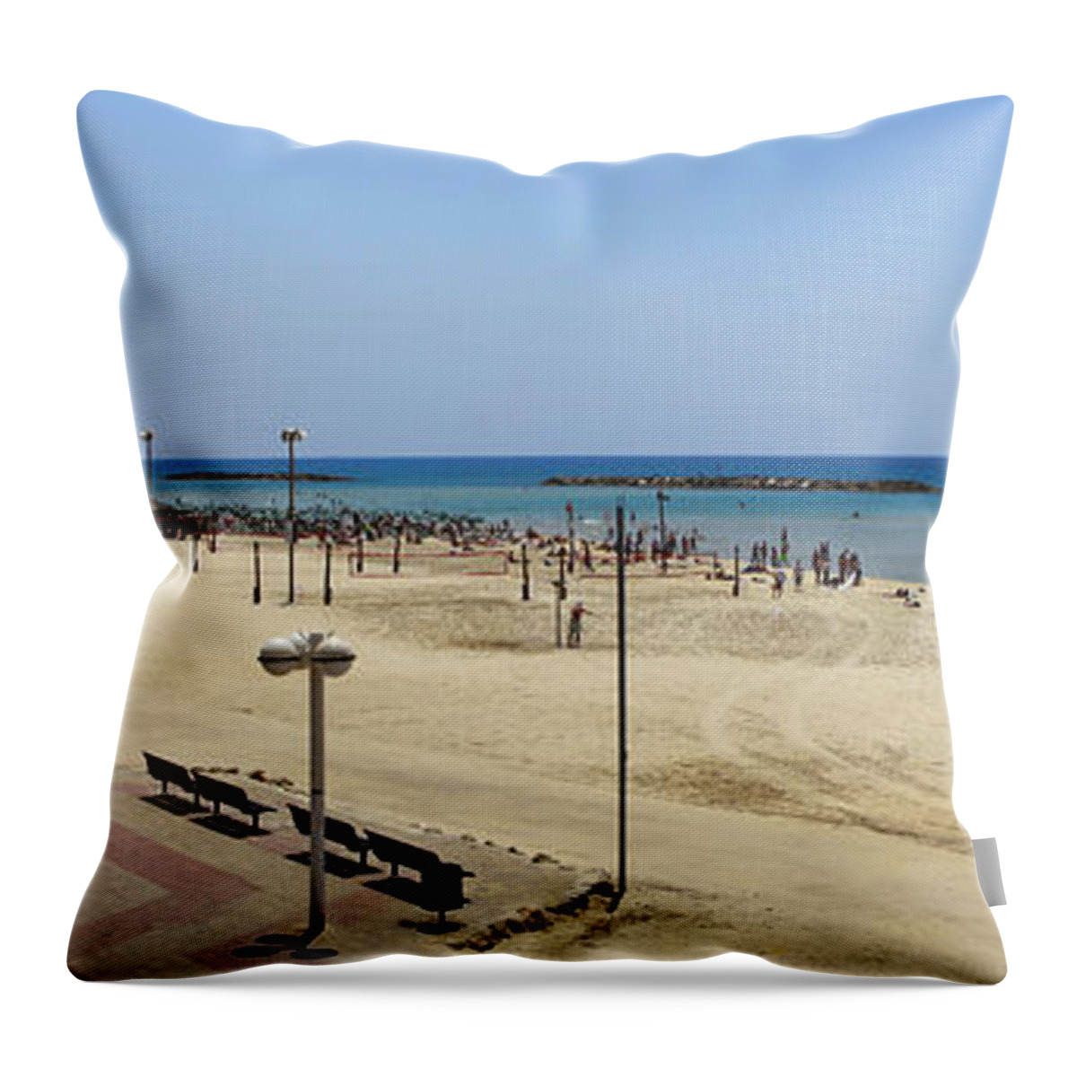Mediterranean Throw Pillow featuring the photograph Tel Aviv beach panorama by Oren Shalev