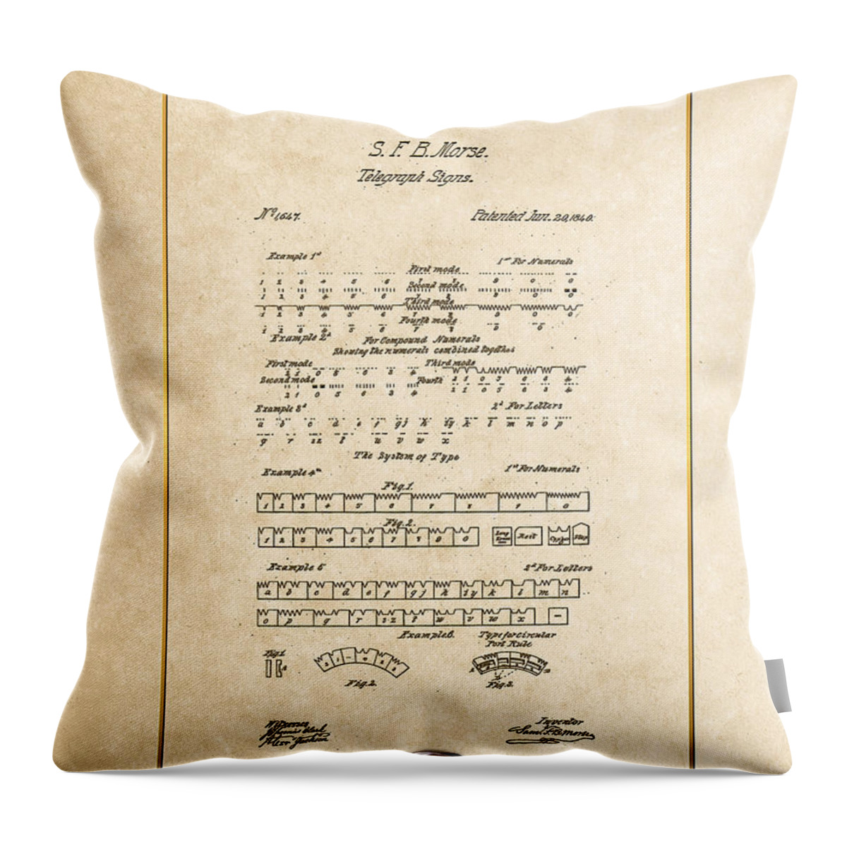 C7 Vintage Patents And Blueprints Throw Pillow featuring the digital art Telegraph Signs by S.F.B. Morse - Morse Code - Vintage Patent Document by Serge Averbukh