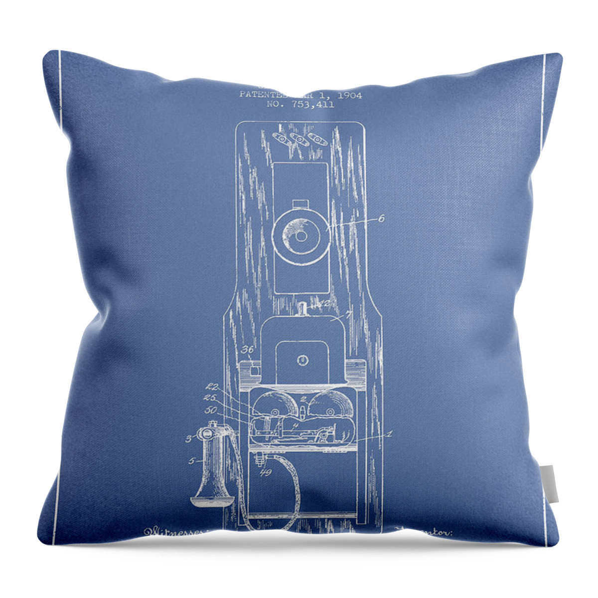 Telephone Throw Pillow featuring the digital art Telephone Toll Apparatus Patent Drawing From 1904 - Light Blue by Aged Pixel