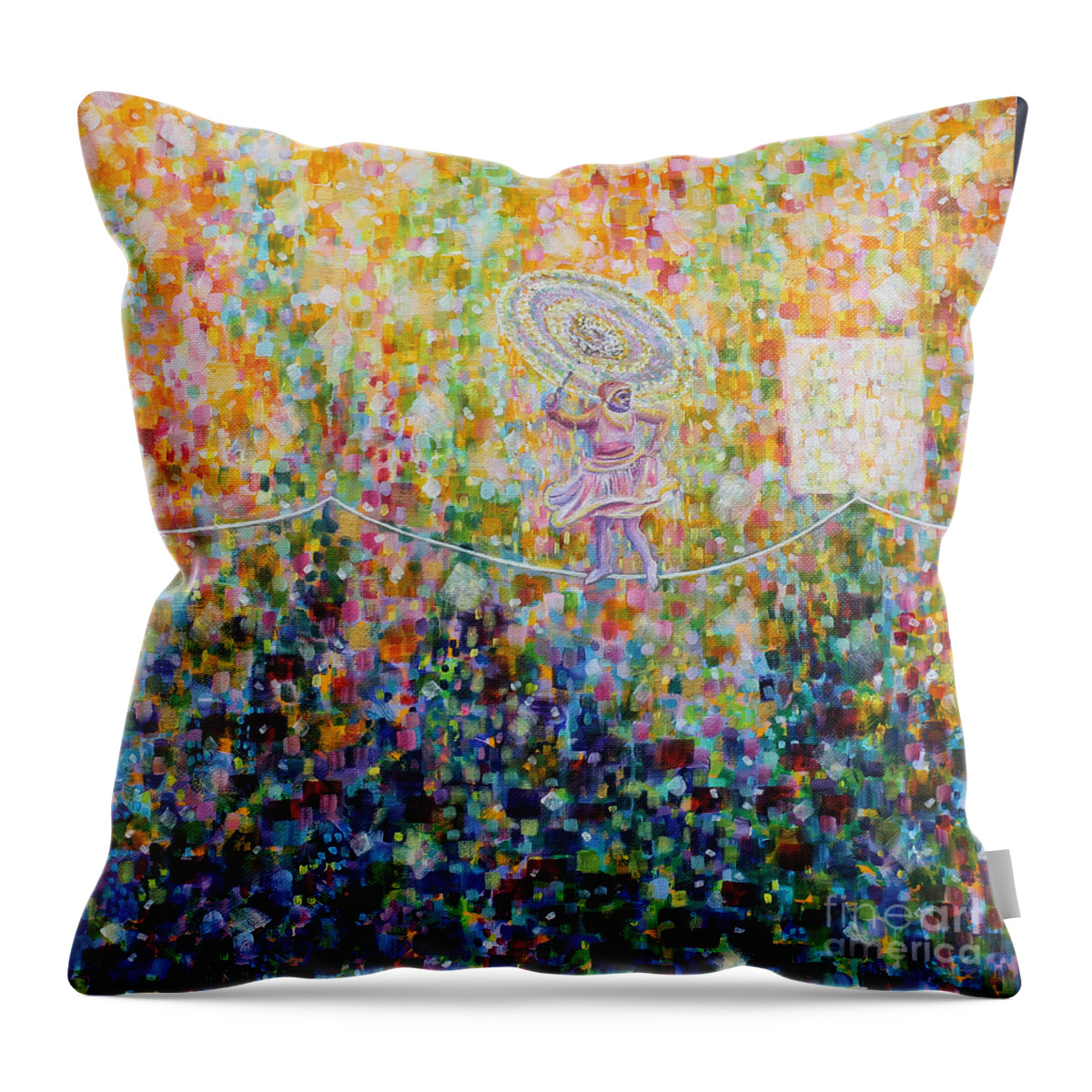 Tightrope Walker Throw Pillow featuring the painting Temple Dance-Tightrope by Anne Cameron Cutri
