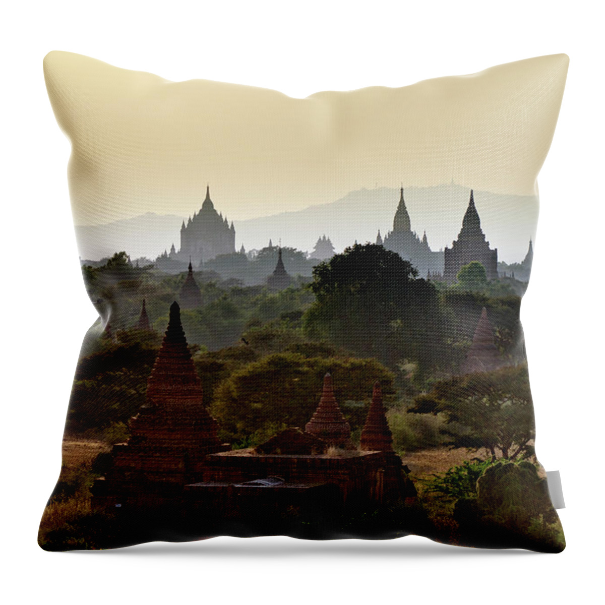 Tranquility Throw Pillow featuring the photograph Temples In Distant Haze At Sunset by Rwp Uk