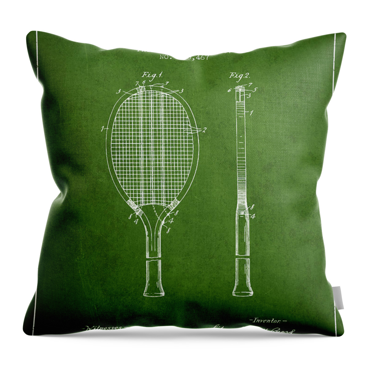 Tennis Racket Throw Pillow featuring the digital art Tennis Racket Patent from 1907 - Green by Aged Pixel