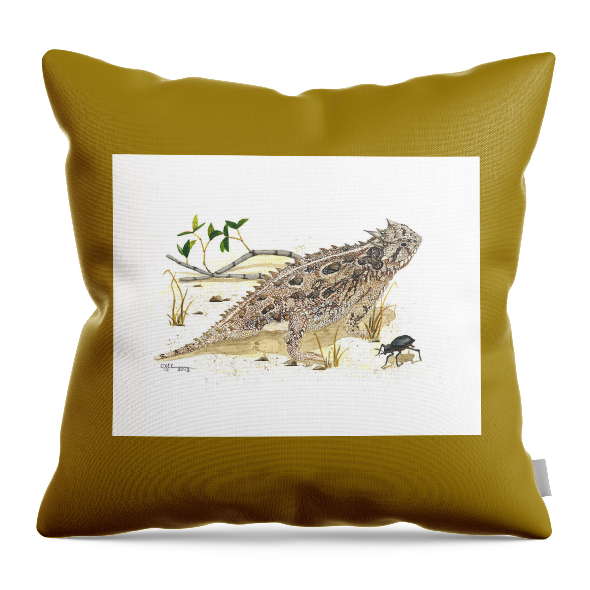 Texas Horned Lizard Throw Pillow featuring the painting Texas horned lizard by Cindy Hitchcock