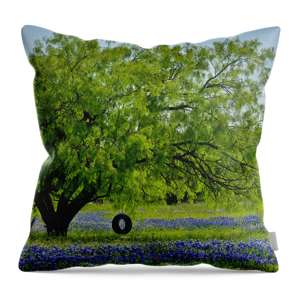 Texas Bluebonnets Throw Pillow featuring the photograph Texas Life - Bluebonnet Wildflowers landscape tire swing by Jon Holiday