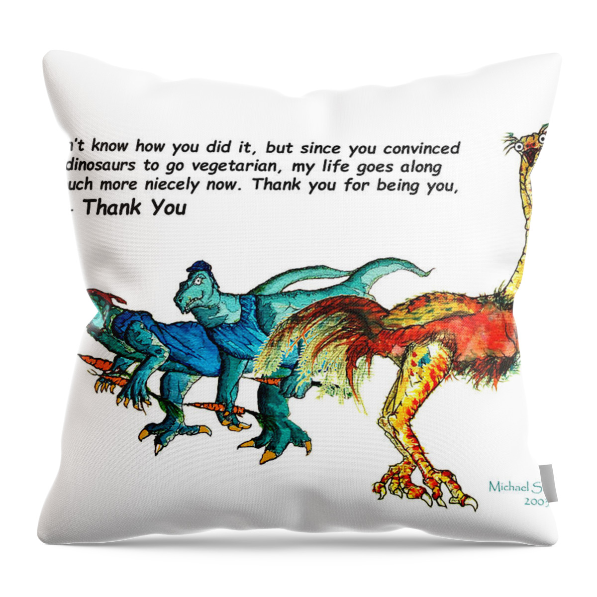 Dinosaurs Throw Pillow featuring the painting Dinosaur Thank You Card by Michael Shone SR