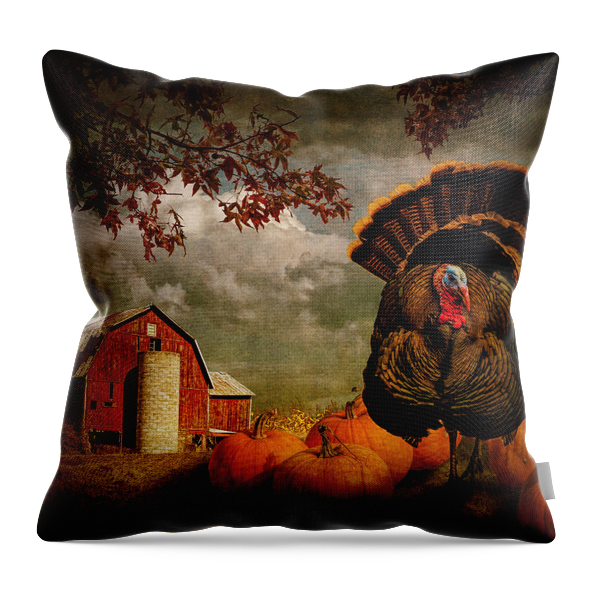 Feather Throw Pillow featuring the photograph Thanksgiving Turkey among Pumkins by Randall Nyhof