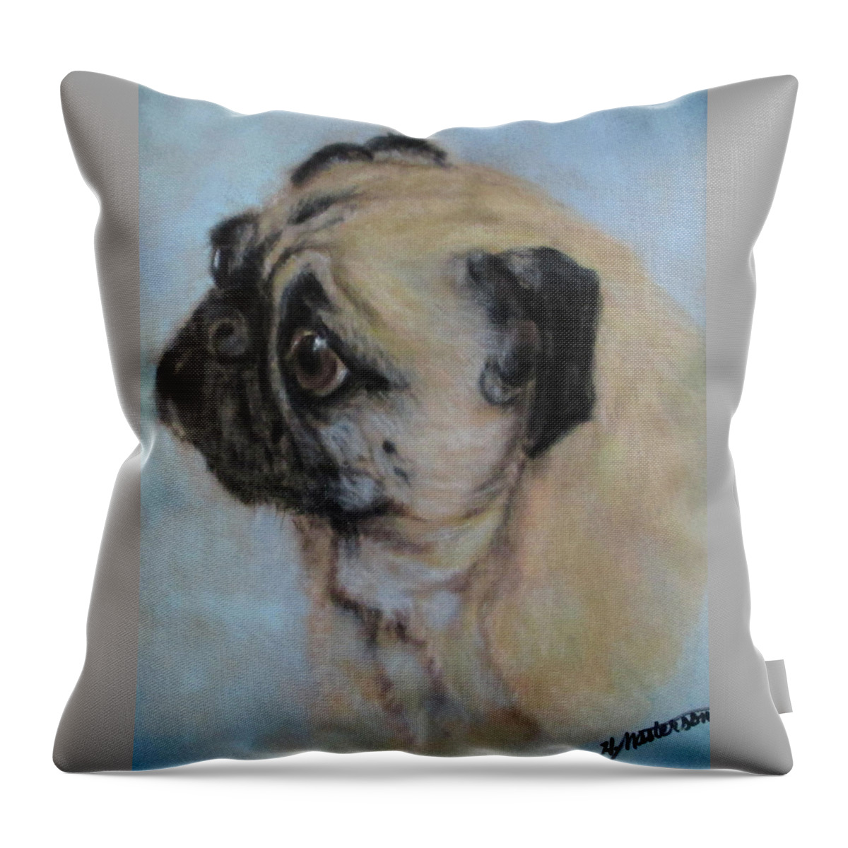 Dog Throw Pillow featuring the pastel Pug's Worried Look by Harriett Masterson