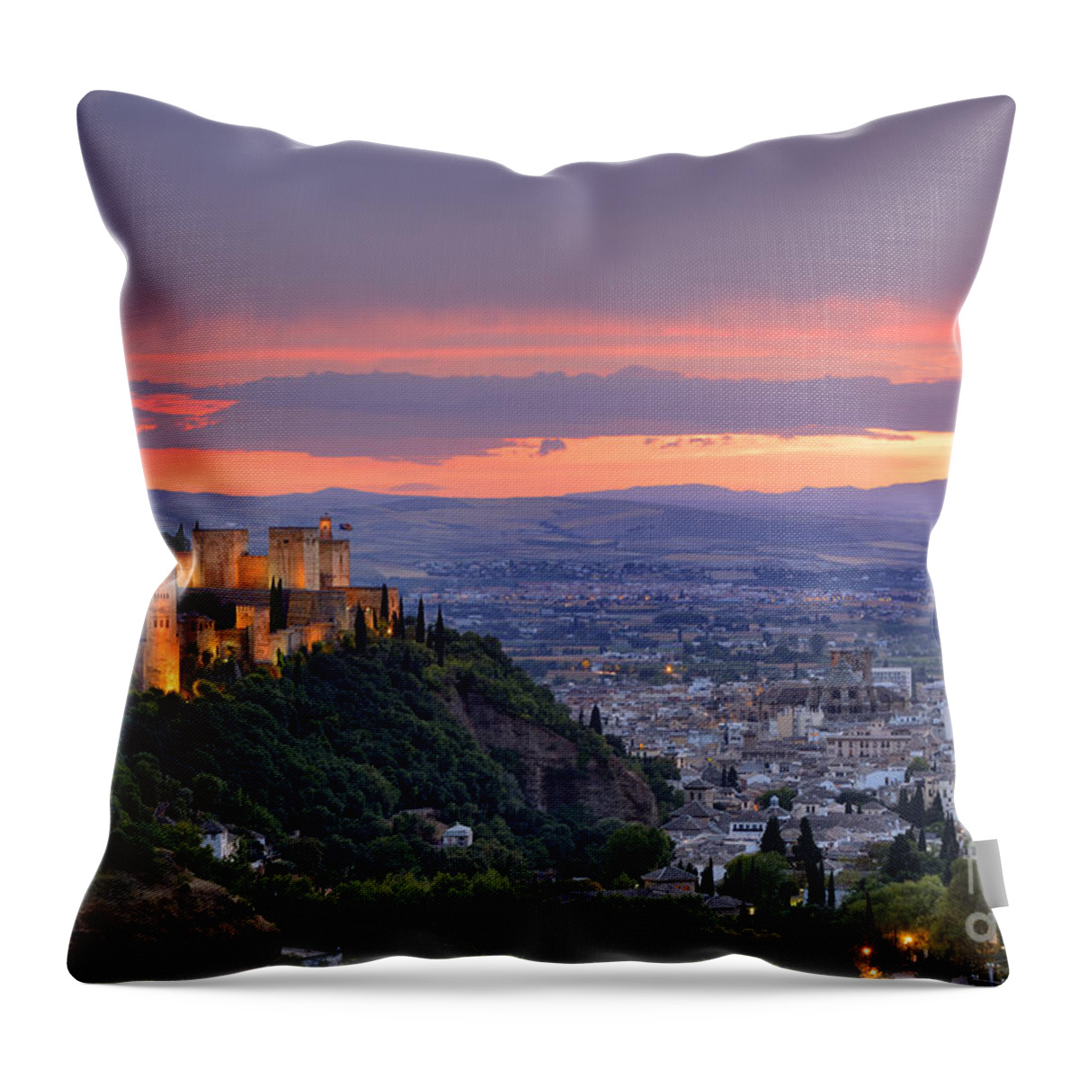The Alhambra Throw Pillow featuring the photograph The alhambra and Granada city at sunset by Guido Montanes Castillo
