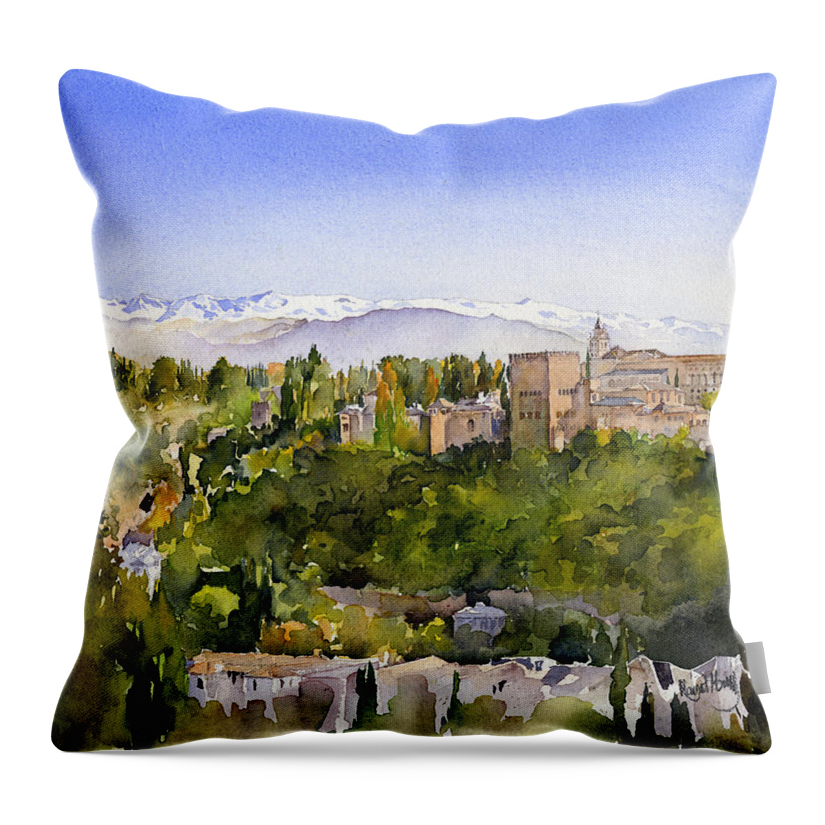 Watercolour Throw Pillow featuring the painting The Alhambra Granada by Margaret Merry