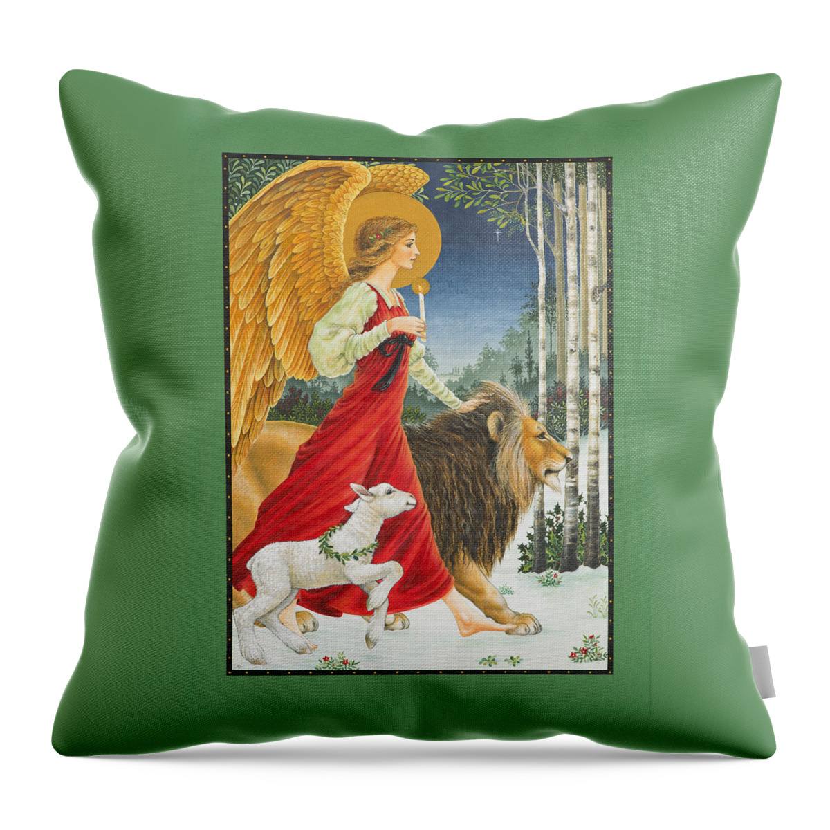 Angel Throw Pillow featuring the painting The Angel The Lion and The Lamb by Lynn Bywaters