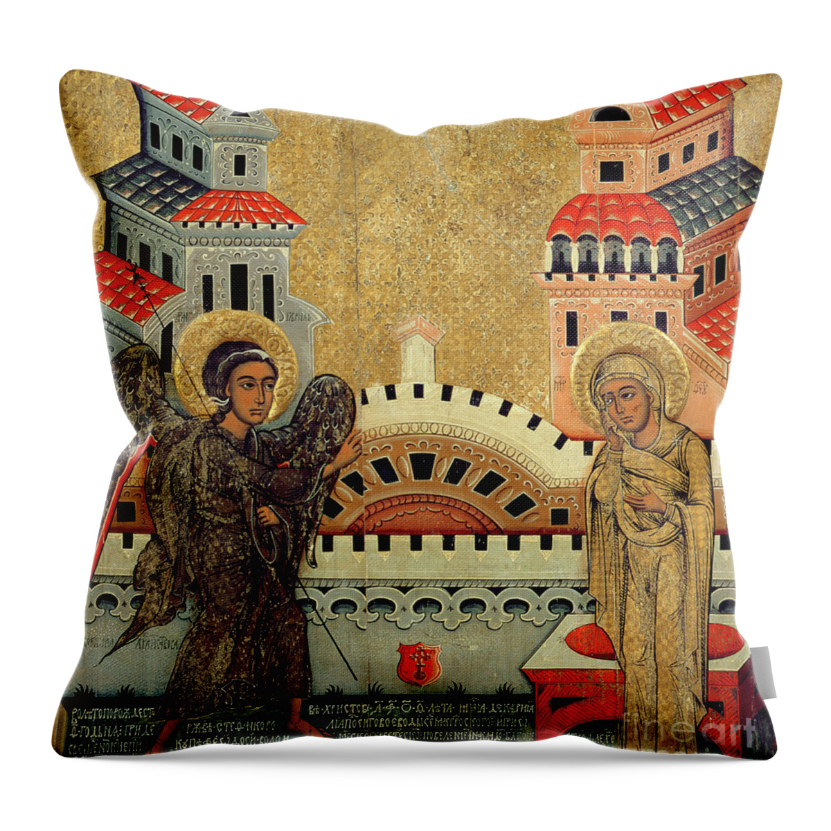 Virgin Mary Throw Pillow featuring the painting The Annunciation by Fedusko of Sambor