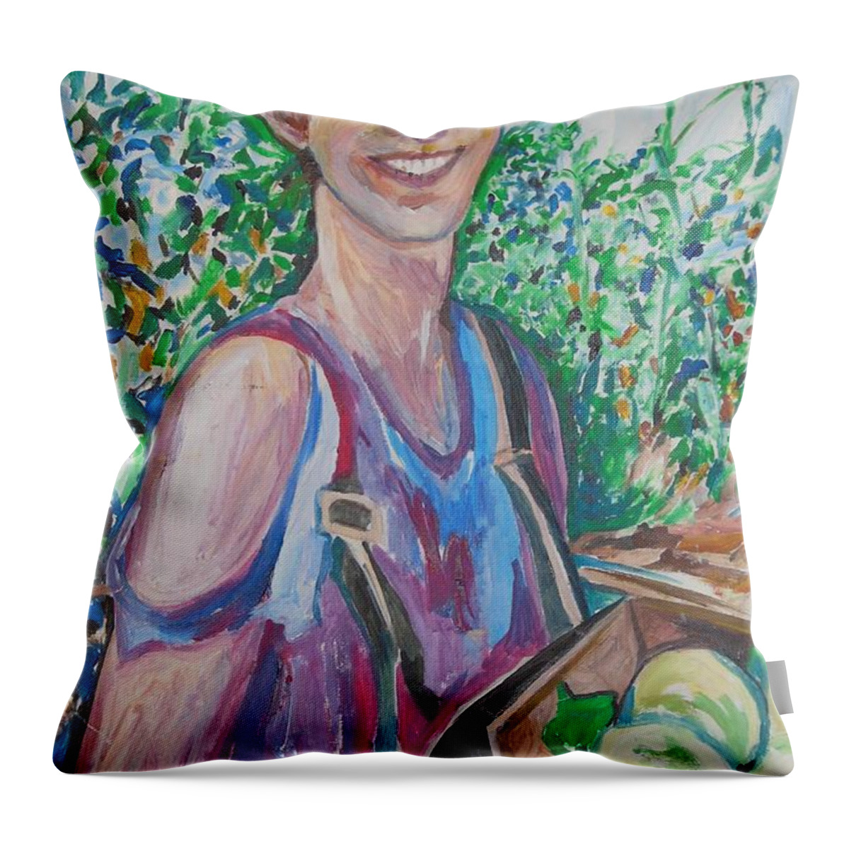 The Apple Picker Throw Pillow featuring the painting The Apple Picker by Esther Newman-Cohen