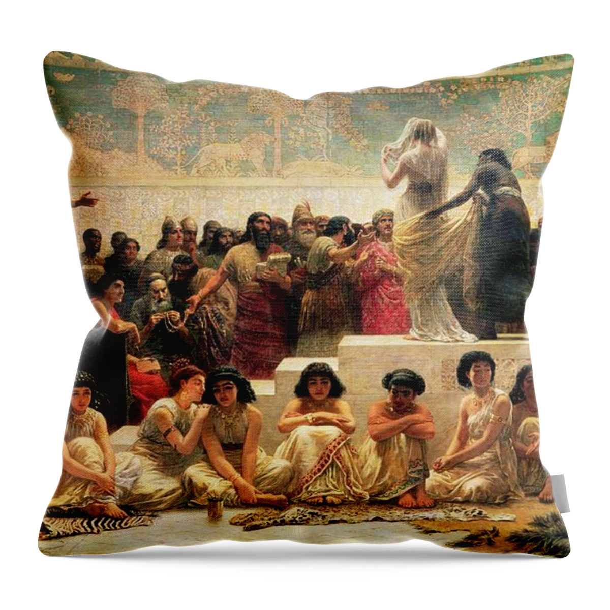 Iraq Throw Pillow featuring the painting The Babylonian Marriage Market, 1875 by Edwin Longsden Long