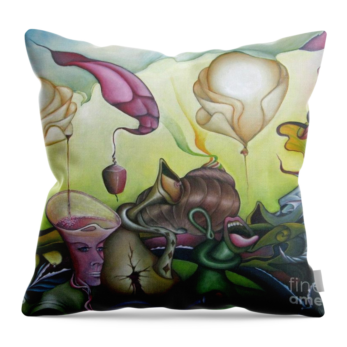 Landscape Throw Pillow featuring the painting The balloons by Bob Ivens