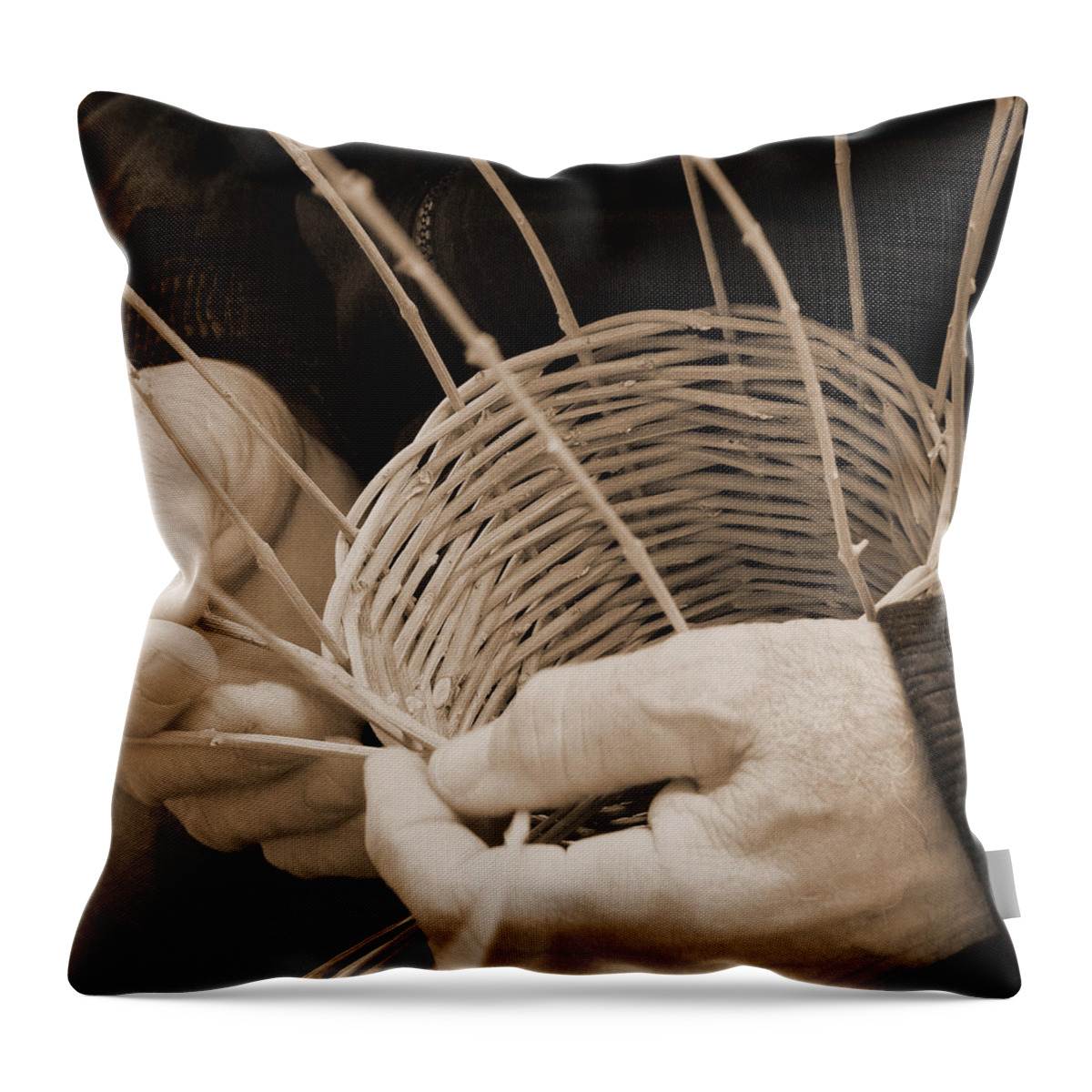 Sepia Throw Pillow featuring the photograph The Basket Weaver by Marcia Socolik