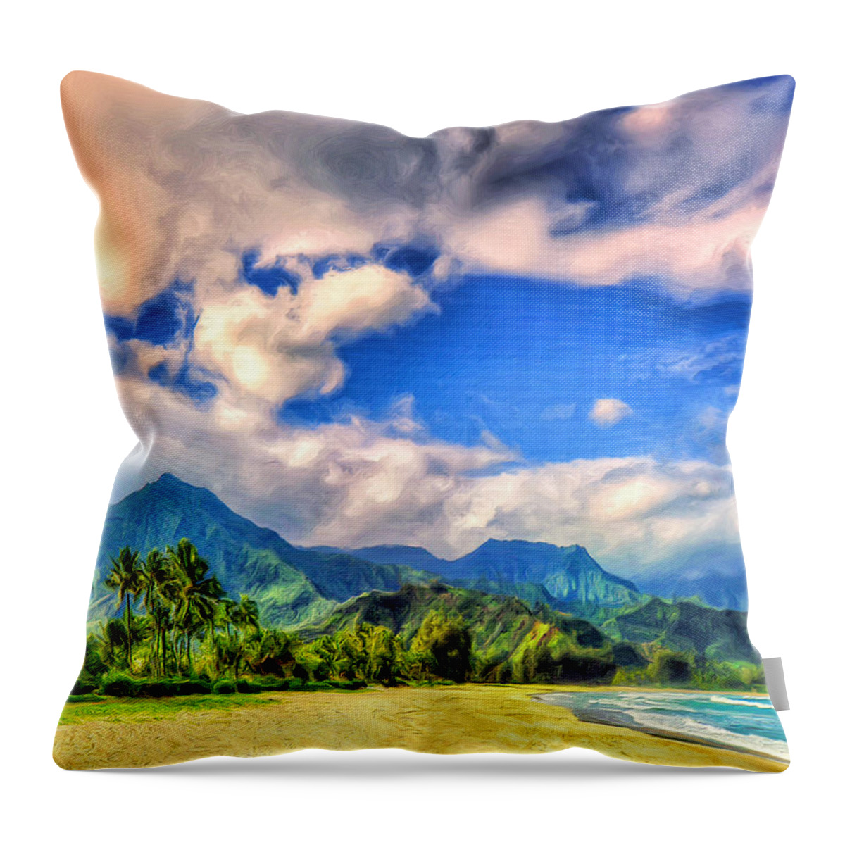 Hanalei Bay Throw Pillow featuring the painting The Beach at Hanalei Bay Kauai by Dominic Piperata