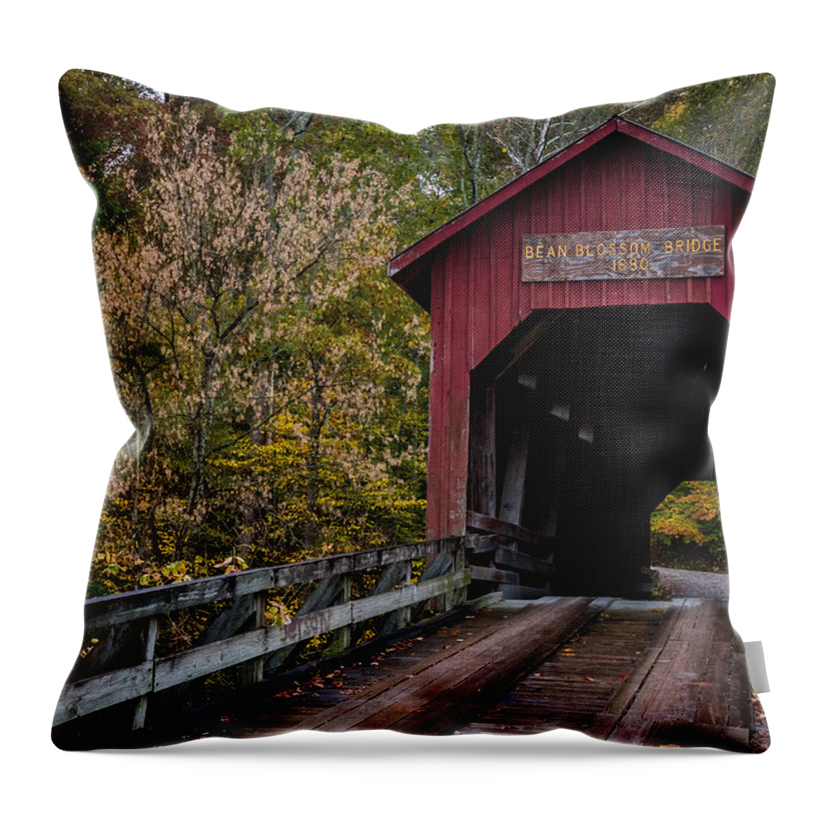 Autumn Throw Pillow featuring the photograph The Bean Blossom Bridge by Ron Pate