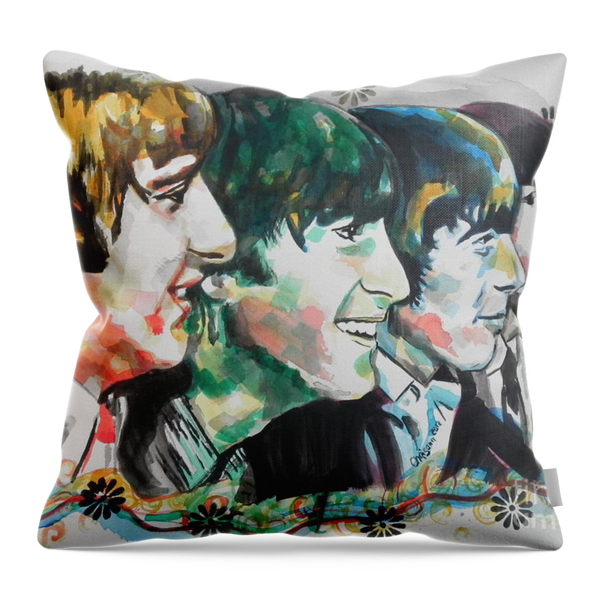 Watercolor Painting Throw Pillow featuring the painting The Beatles 01 by Chrisann Ellis