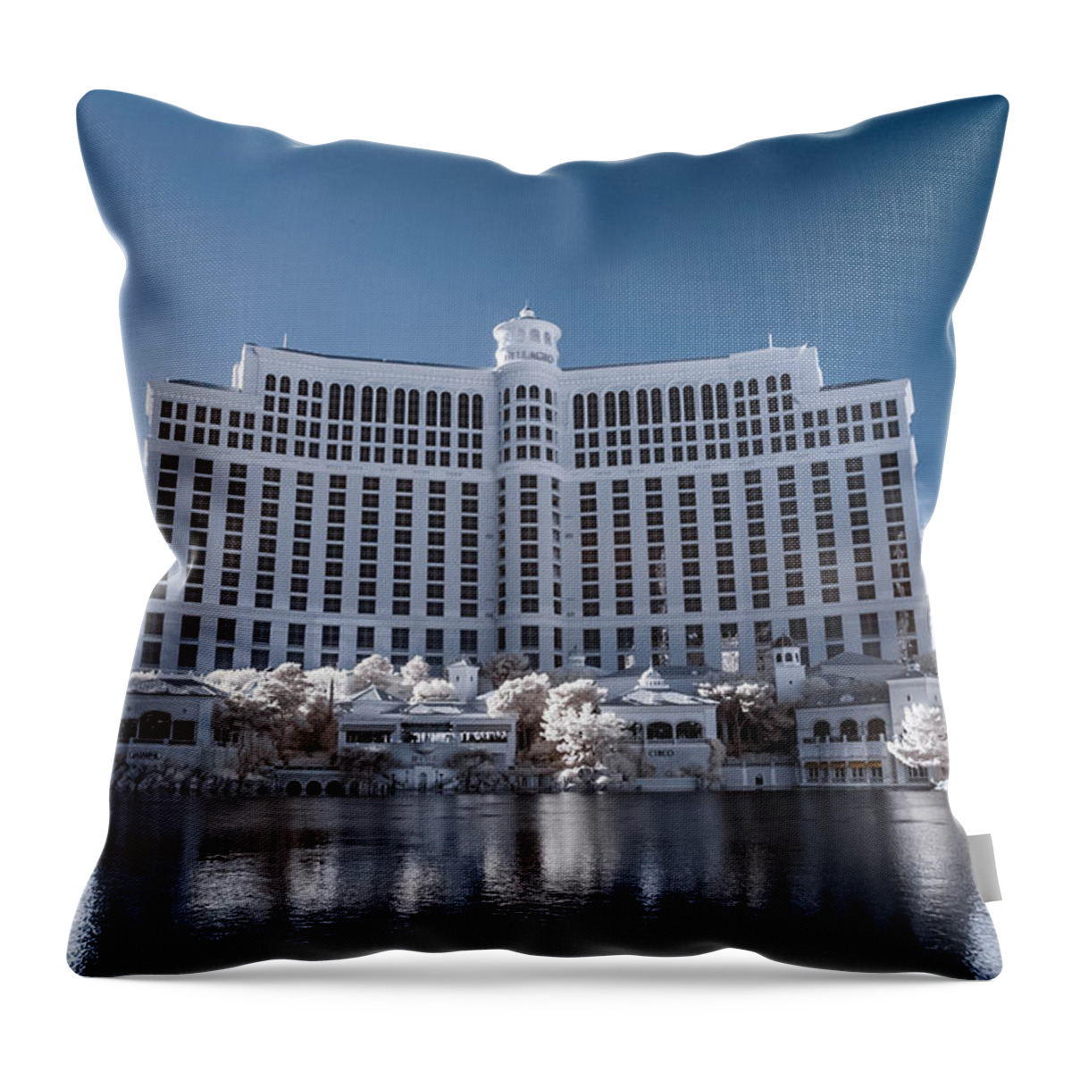 720 Nm Throw Pillow featuring the photograph The Bellagio Hotel and Casino in Infrared by Jason Chu