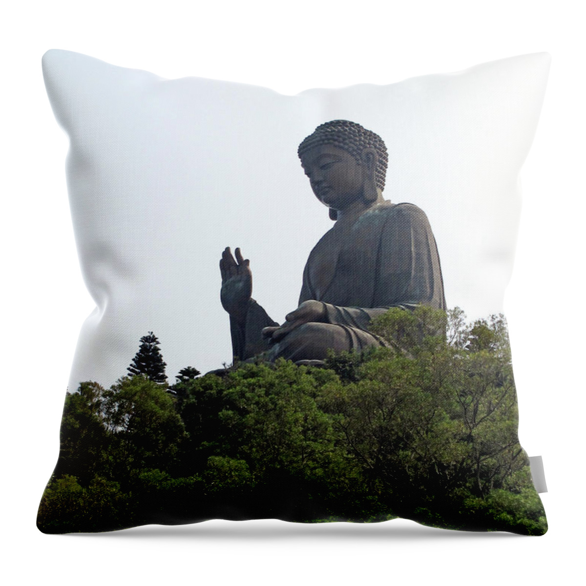 Tranquility Throw Pillow featuring the photograph The Big Buddha Statue In The Po Lin by Cait
