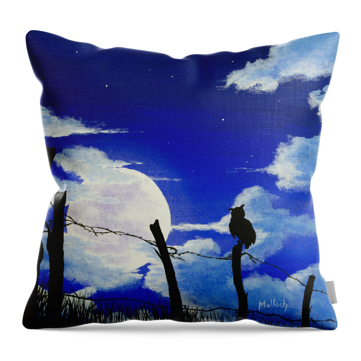 Barbwire Fence Throw Pillow featuring the painting The Birds - Night Watch by Jack Malloch