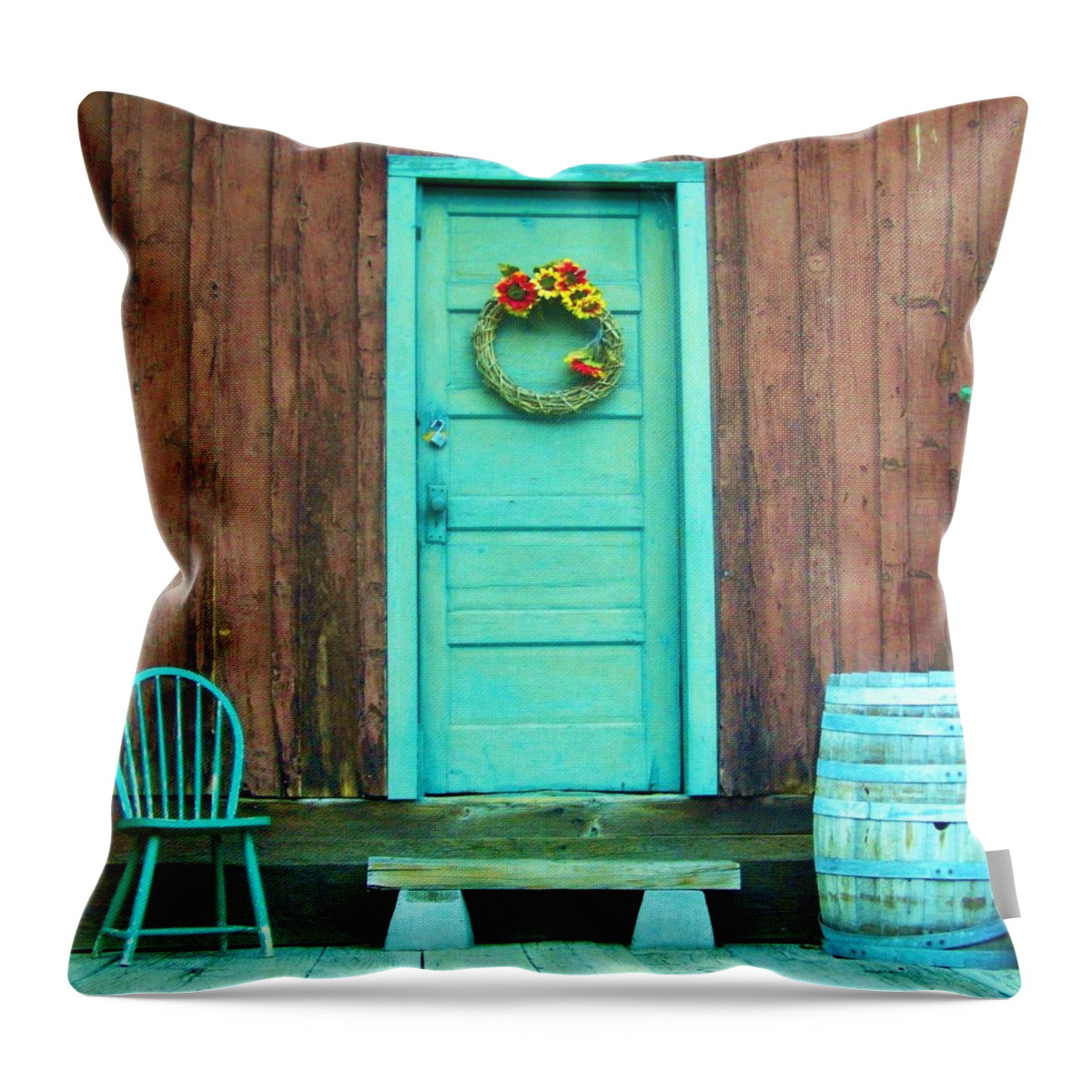 Wood Throw Pillow featuring the photograph The Blue Door by Marilyn Diaz