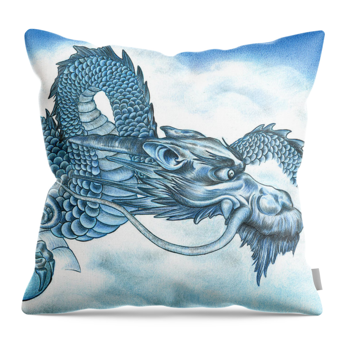 Blue Dragon Throw Pillow featuring the drawing The Blue Dragon by Troy Levesque
