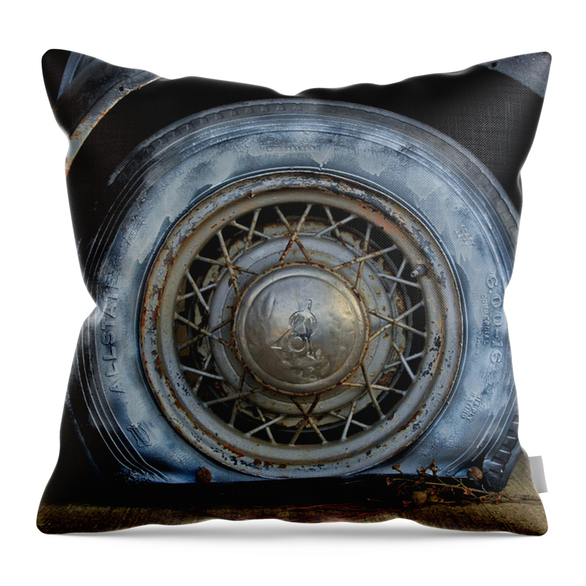 Old Car City Throw Pillow featuring the photograph The Blue Tire by Tom and Pat Cory