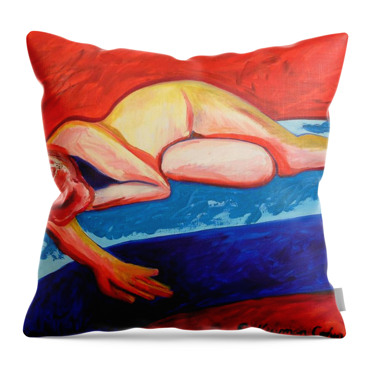 The Blues In Red Rhapsody Throw Pillow featuring the painting The Blues in Red Rhapsody by Esther Newman-Cohen